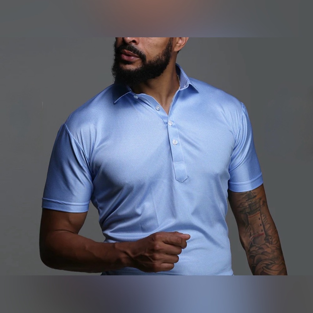 Collars & Co NWT Semi-Spread Collar Relaxed Fit Polo In Blue Houndstooth, Small